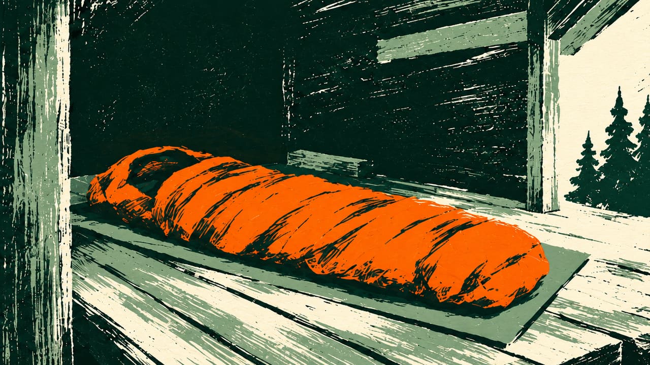 Drawing: an orange sleeping bag on a mat on the wooden platform of a shelter.